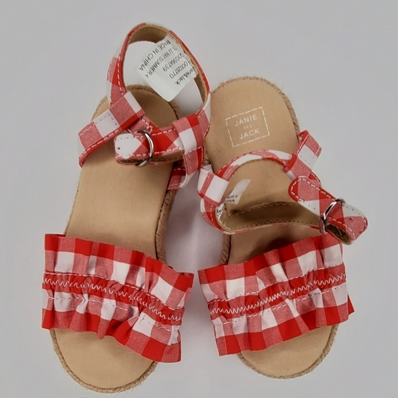 {Janie & Jack} Red and White Gingham Check Dress with Lace & Sandals - Picture 8 of 9